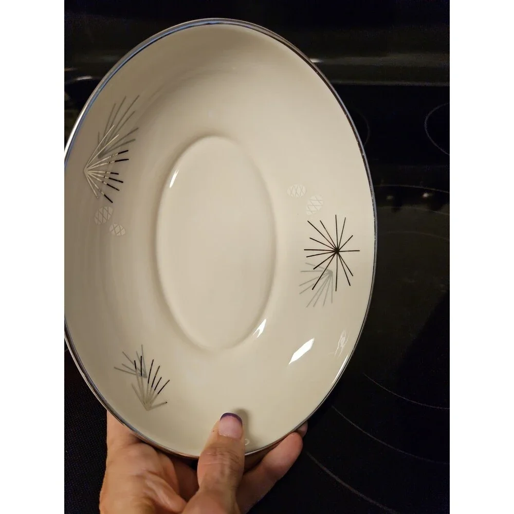 Vintage MCM Franciscan Silver Pine Atomic Pine Cones Oval Serving Bowl 8.75